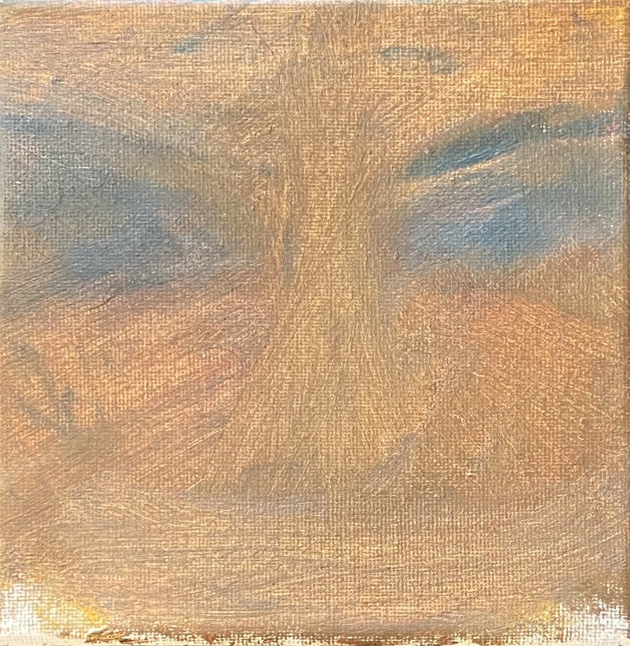 Soft ochre and blue abstract painting paired with Hum