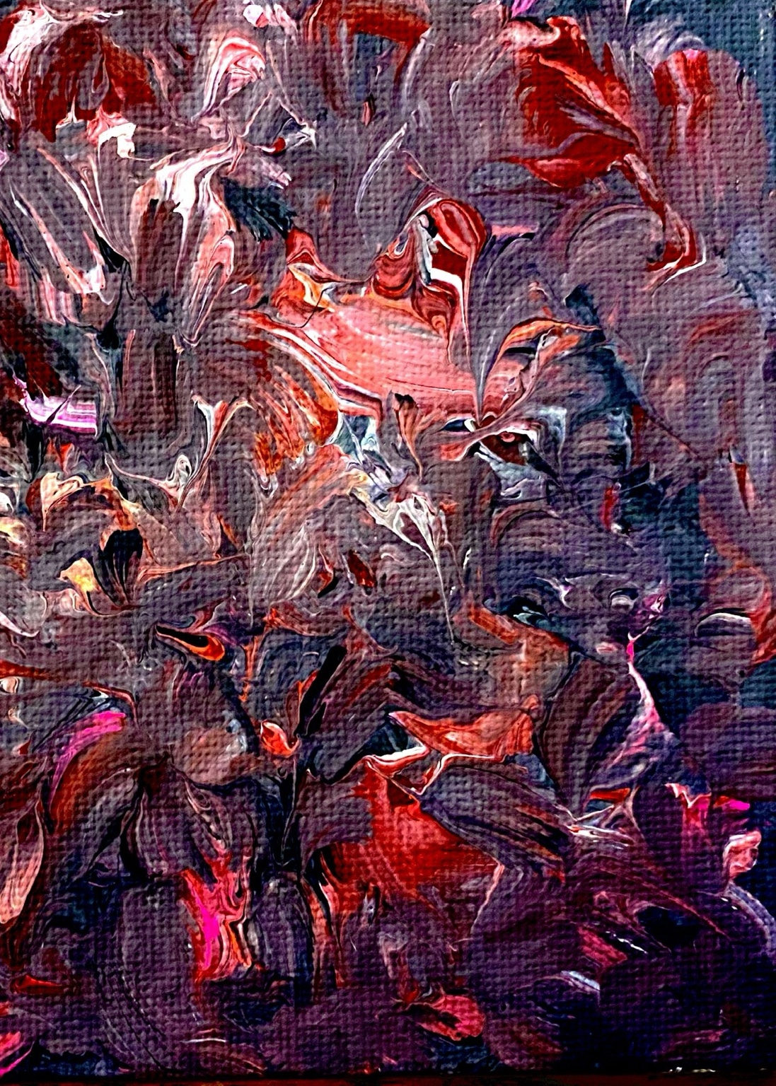 Red, charcoal, and violet abstract painting paired with Primal