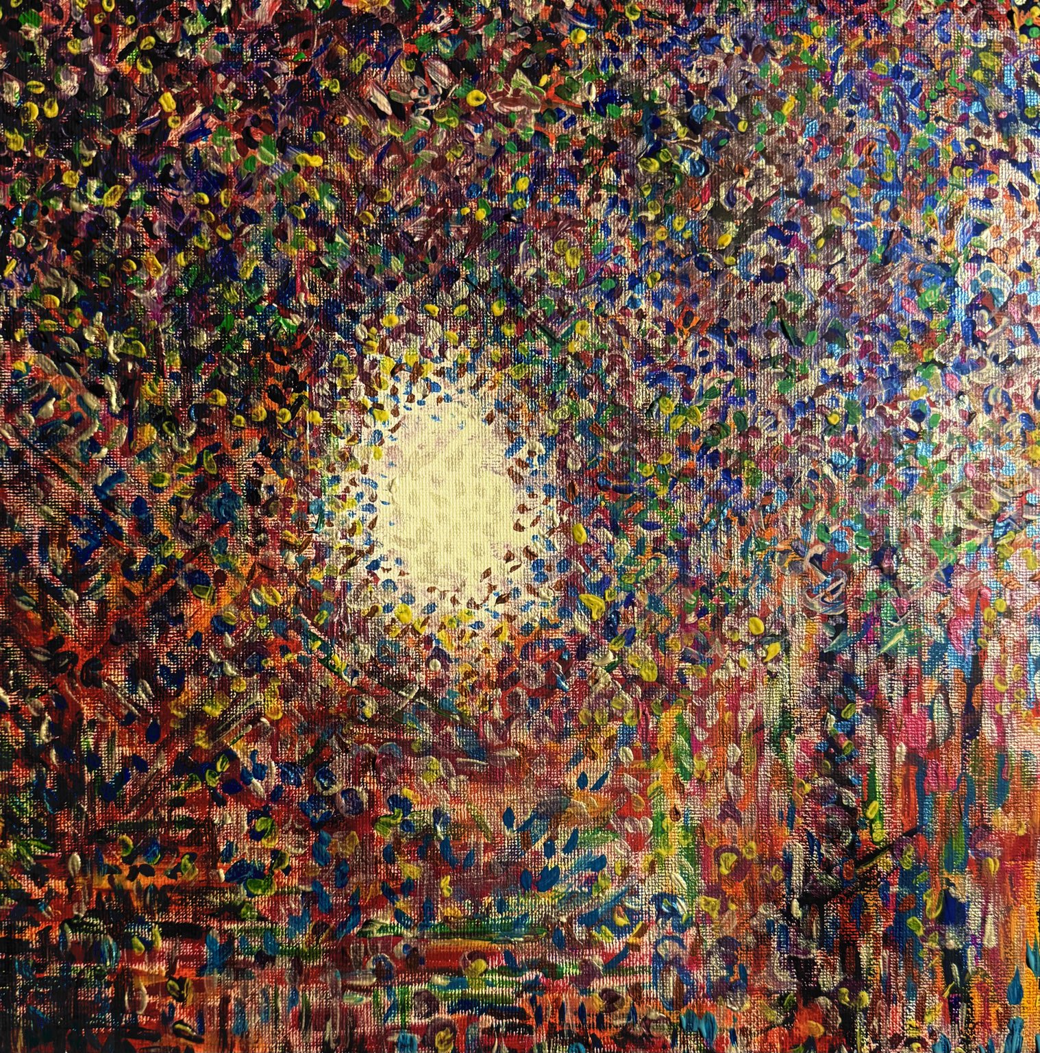 Abstract painting with a field of color and a bright opening, paired with The Mare Night Part II