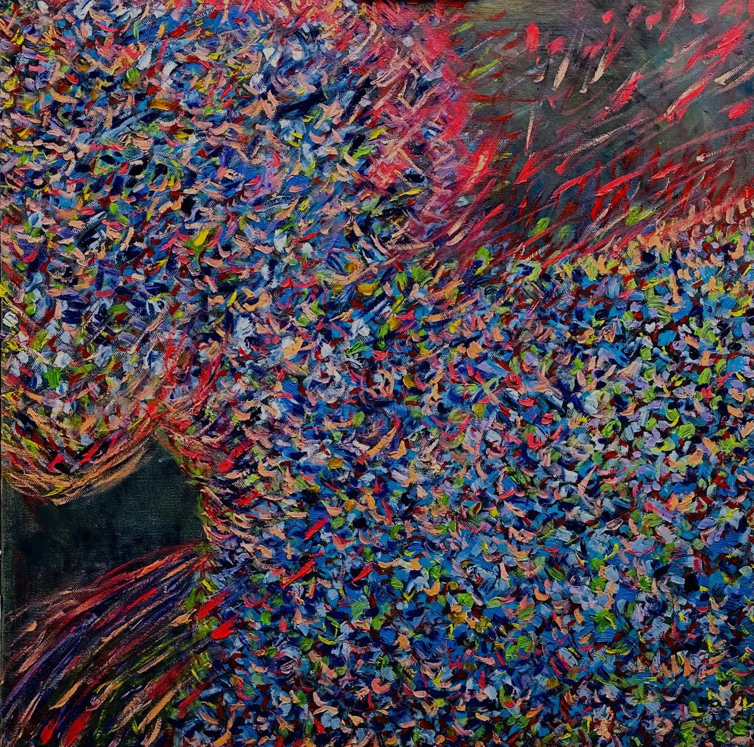 Dense abstract painting in black, red, blue, and yellow, paired with The Mare Night
