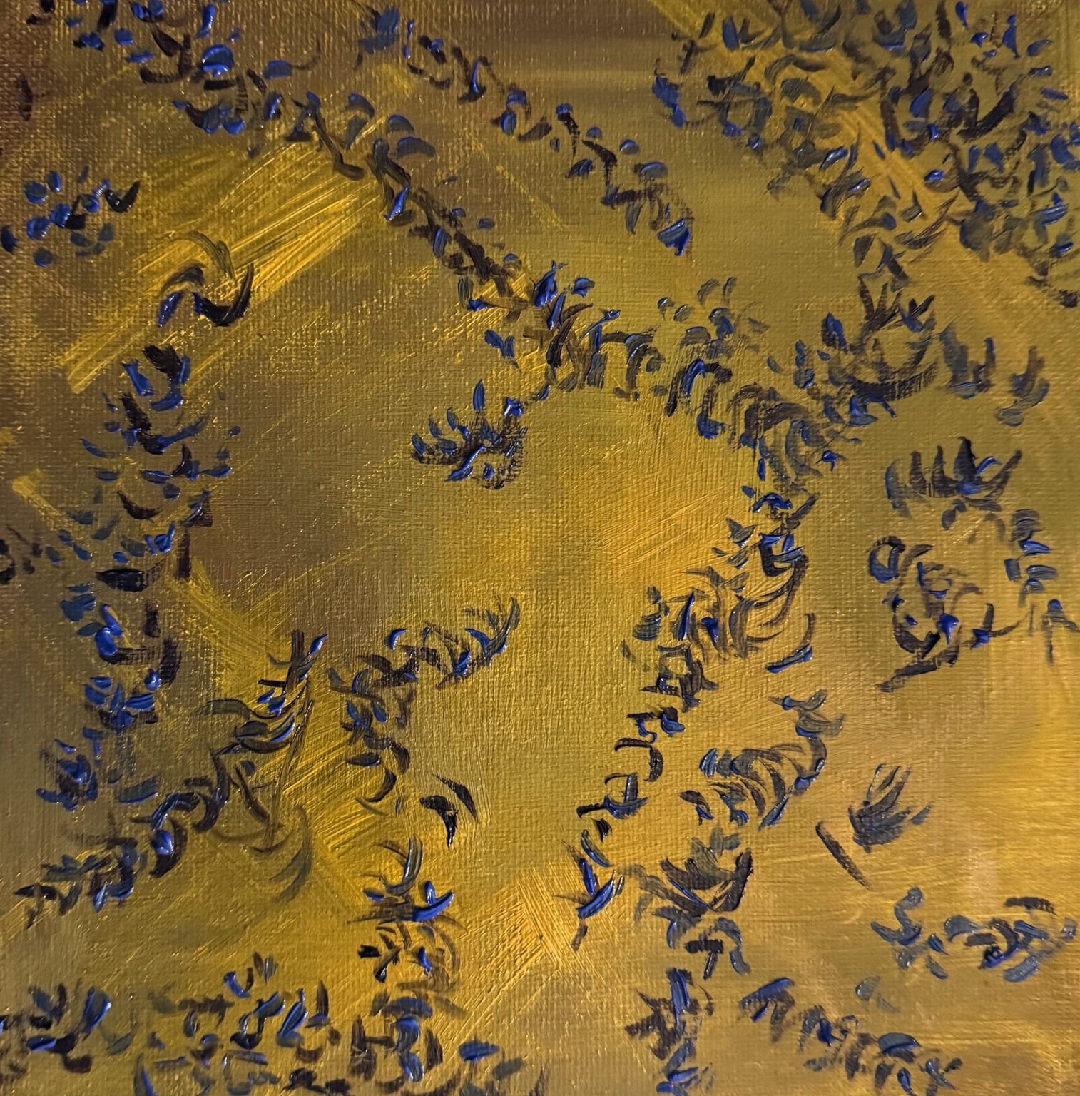 Gold and blue abstract painting paired with When I Cry